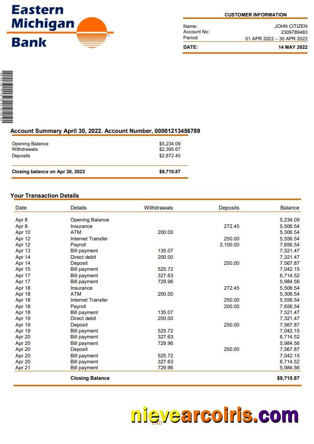 USA Eastern Michigan Bank statement